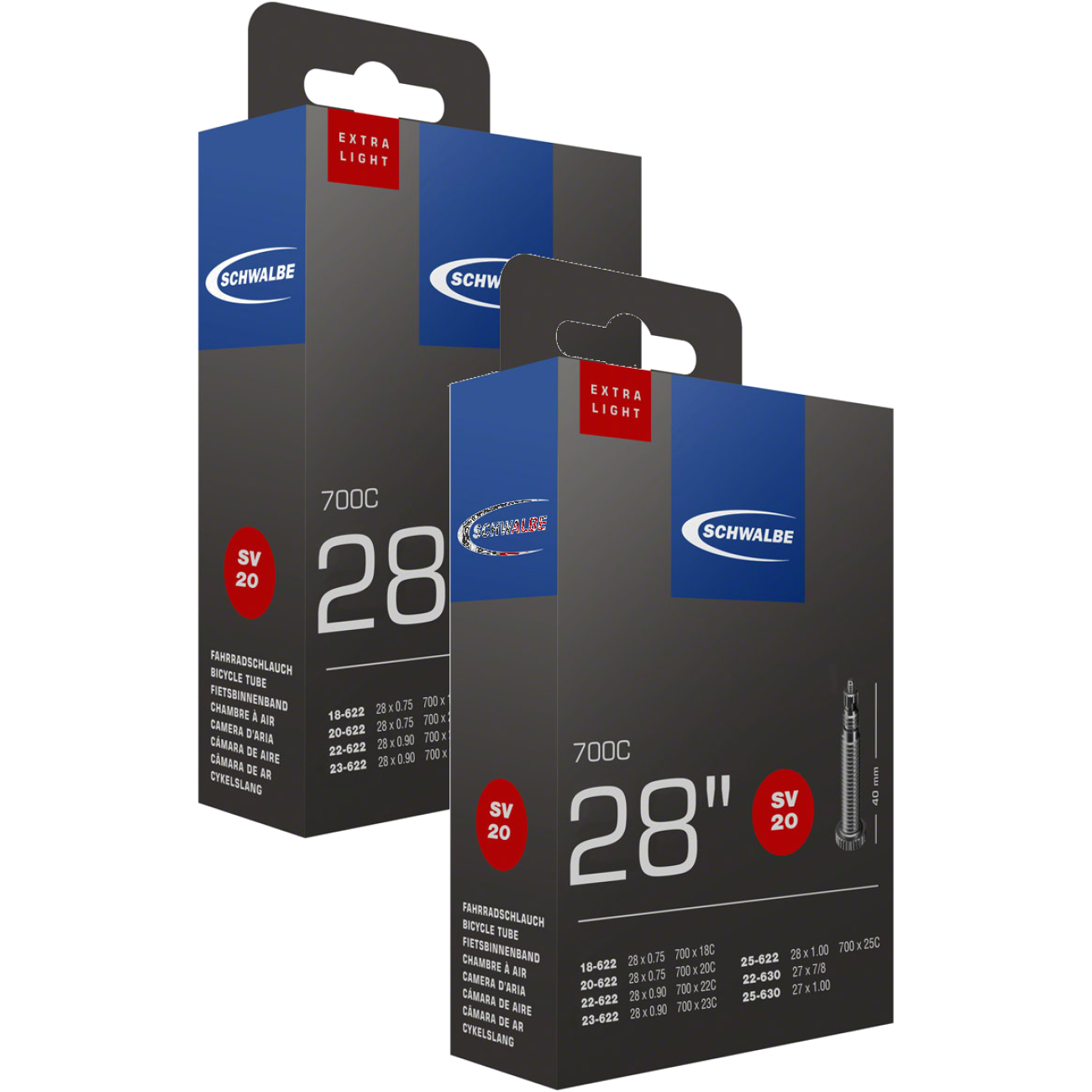 Schwalbe Extra Light Tubes - 700 x 18-25mm, 40mm Presta Valve, Pack of 2