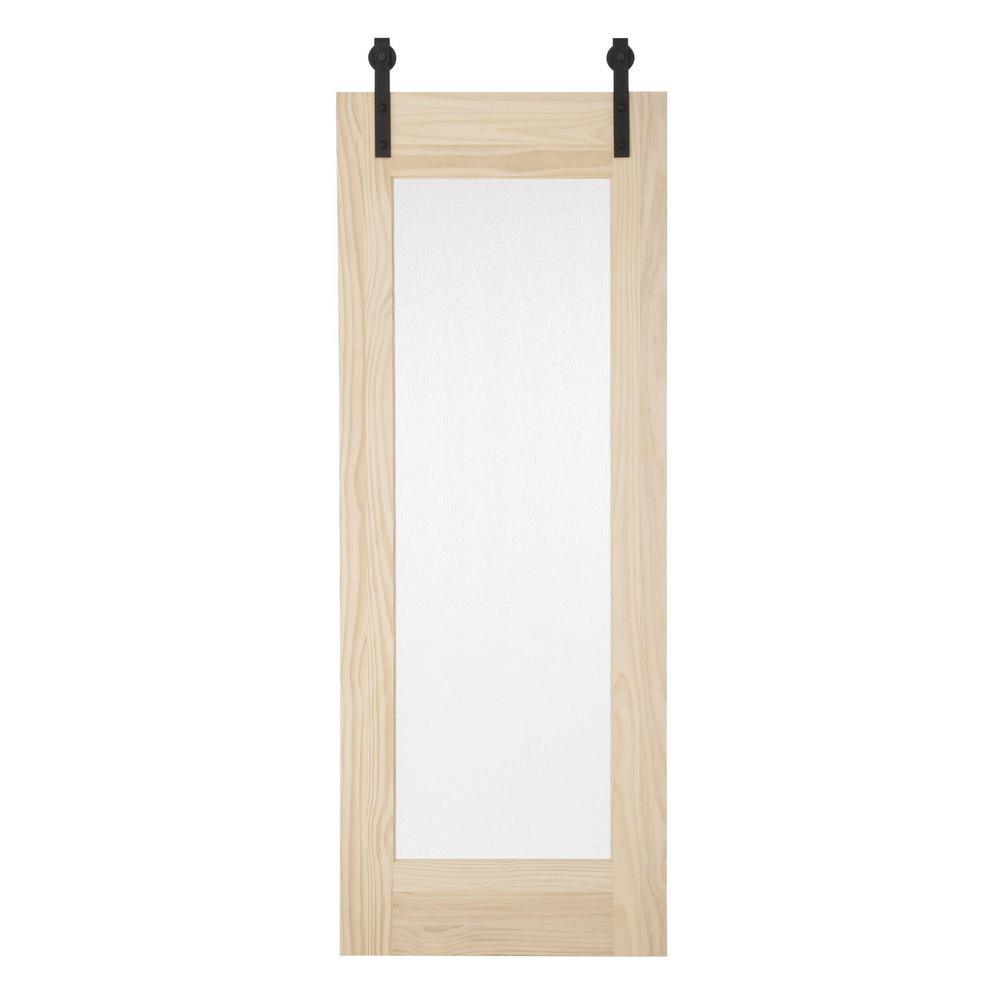 34 in. x 84 in. Timber Hill Rain Glass and Unfinished Pine Wood Sliding Barn Door Slab with Hardware Kit