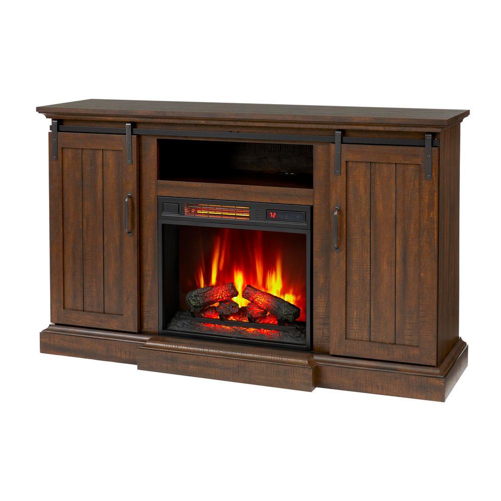 Kerrington 60 in. Freestanding Media Console Electric Fireplace with Barn Door in Rustic Walnut