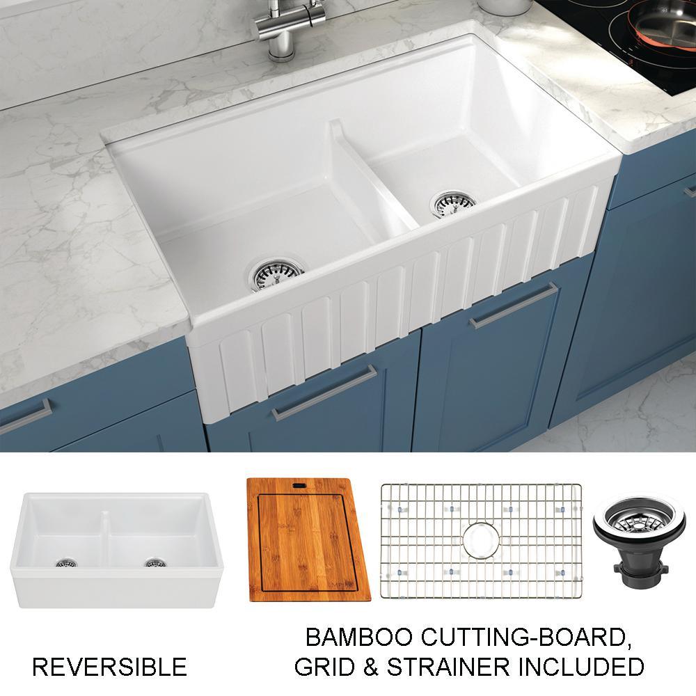 Yorkshire Farmhouse Fireclay 33 in. 55/45 Double Bowl Kitchen Sink with Cutting-Board, Grid and Strainer in White