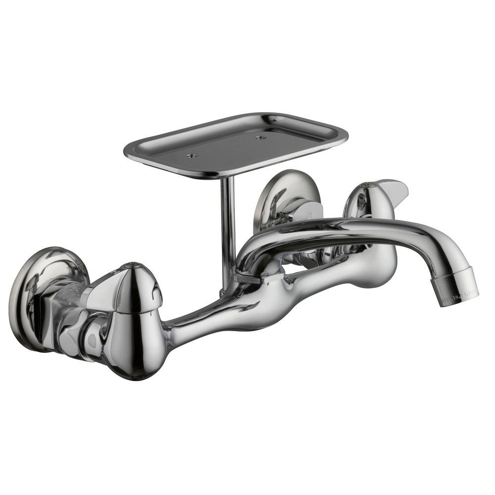 2-Handle Wall-Mount Kitchen Faucet with Soap Dish in Chrome