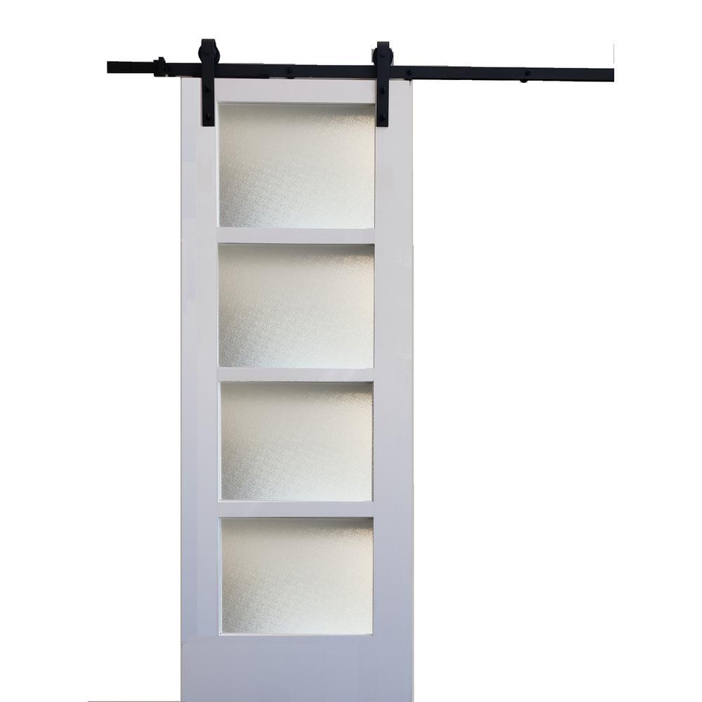 Farmhouse Series 30 in.x 84 in. 4-Lite Mistlite Glass White Primed Wood Interior Sliding Barn Door w/Bronze Hardware Kit