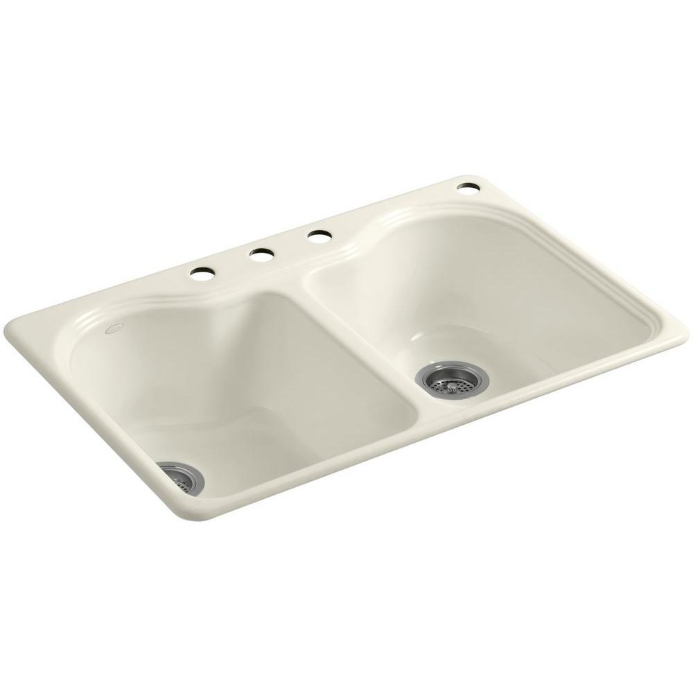 Hartland Drop-In Cast Iron 33 in. 4-Hole Double Bowl Kitchen Sink in Biscuit