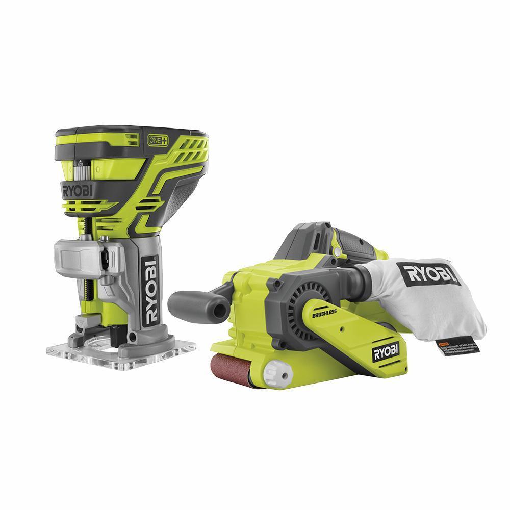 18-Volt ONE+ Lithium-Ion Brushless Cordless 3 in. x 18 in. Belt Sander and Fixed Base Trim Router (Tools Only)