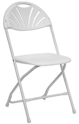 Fanback Folding Chair With White Plastic Seat And Backrest, Metal Frame