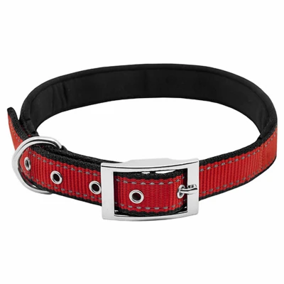 Padded Dog Collar With Red And Black Reflective Design, 1 Inch By 26 Inches