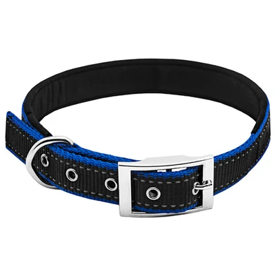 Padded Dog Collar With Blue And Black Reflective Design, 1 Inch By 26 Inches