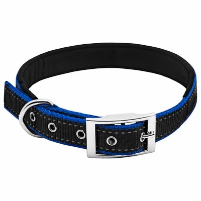 Padded Dog Collar With Blue And Black Reflective Design, 0.75 Inch By 20 Inch
