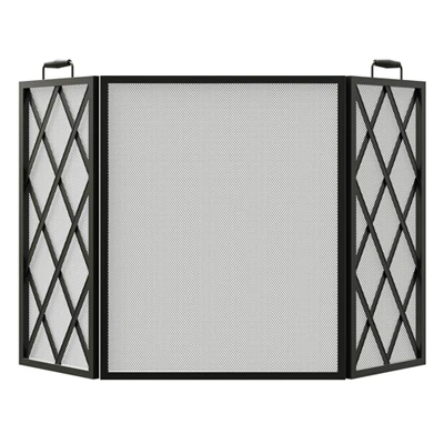 Open Hearth Fireplace Screen, Diamond Style, Black Finish, Three Panel Design