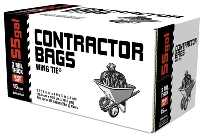 Contractor Trash Bags, Wing Ties, Black, 3 Mil, 55 Gallons, 15-ct.