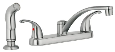 Kitchen Faucet With Chrome Side Spray And Two Decorative Lever Handles In Brushed Nickel Finish