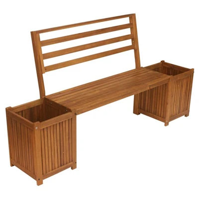 Tan Wood Bench With Integrated Planter Boxes For Outdoor Use