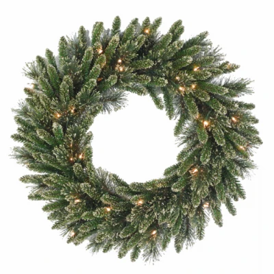 Artificial Golden Bristle Wreath With 50 Battery Operated Warm White Led Lights, 24 Inch Diameter