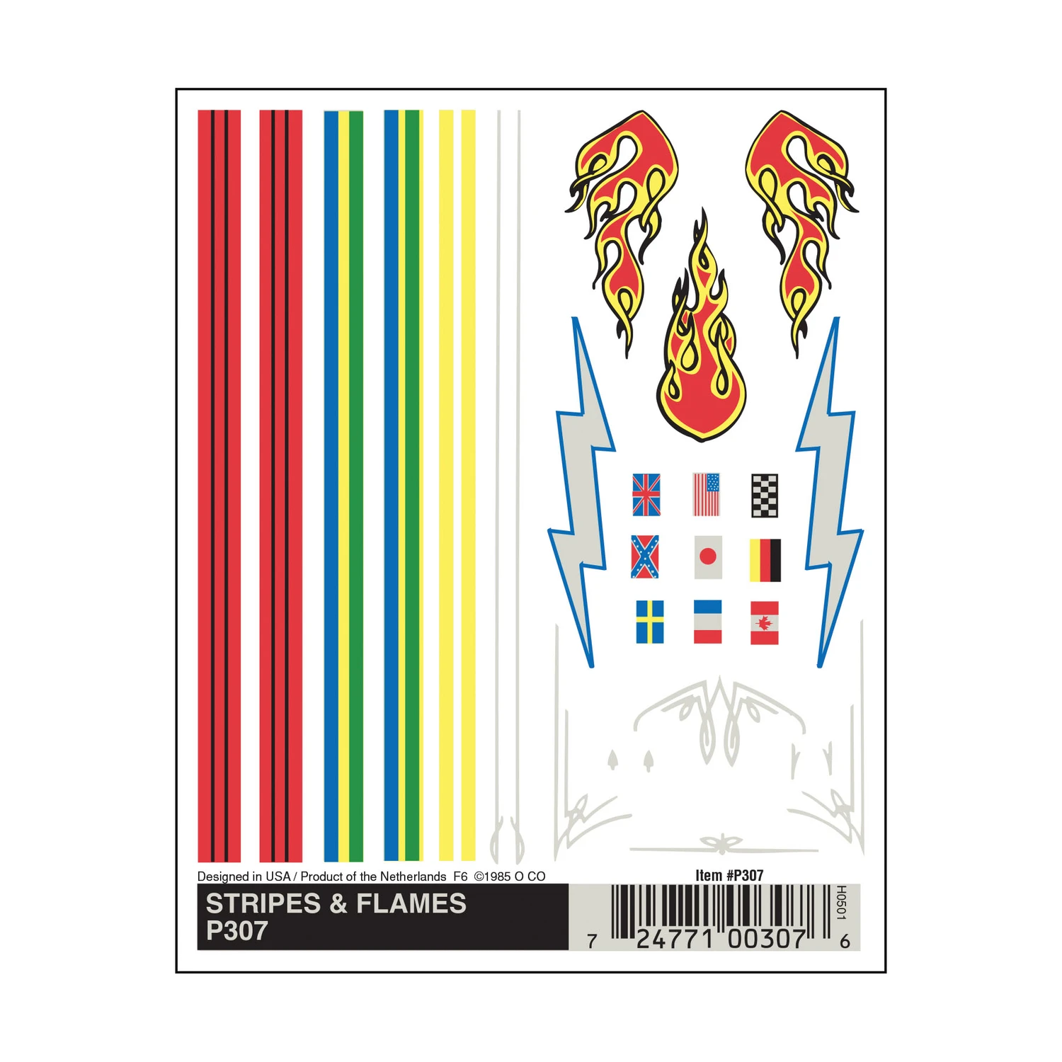 P307 Dry Transfer Decal Sheet - Stripes & Flames, 4" X 5"