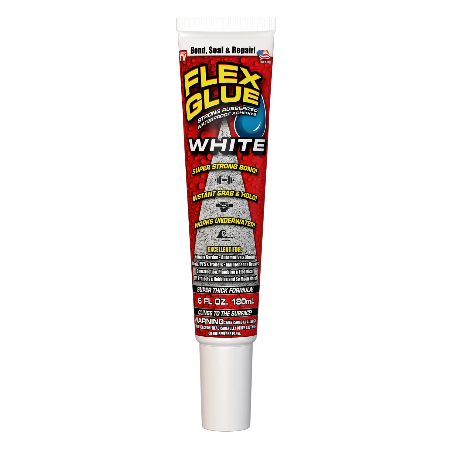 Flex Glue Rubberized Waterproof Adhesive, White, 6 Ounce Bottle