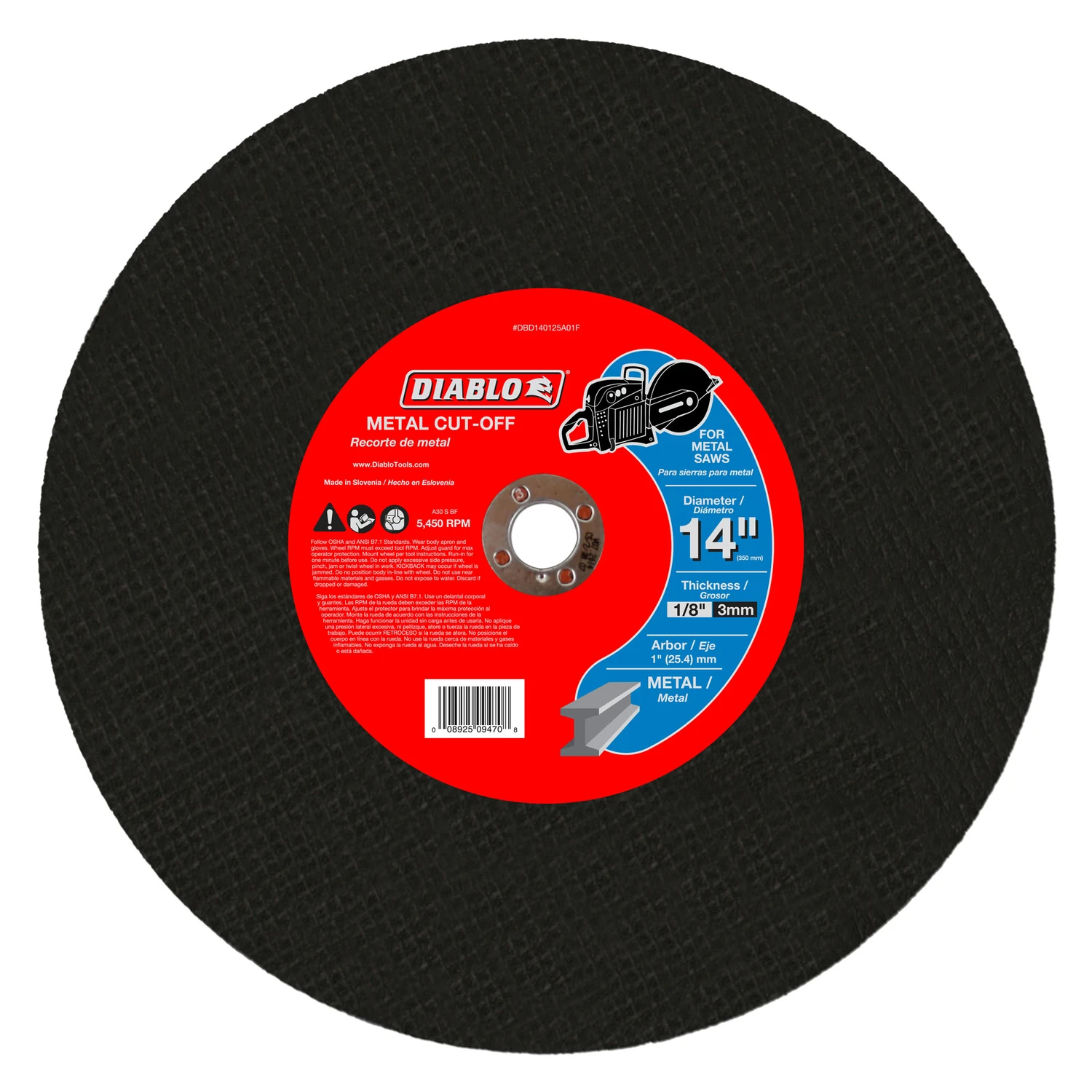 High Speed Metal Cut-off Disc, 14 X 1/8 X 1-in.