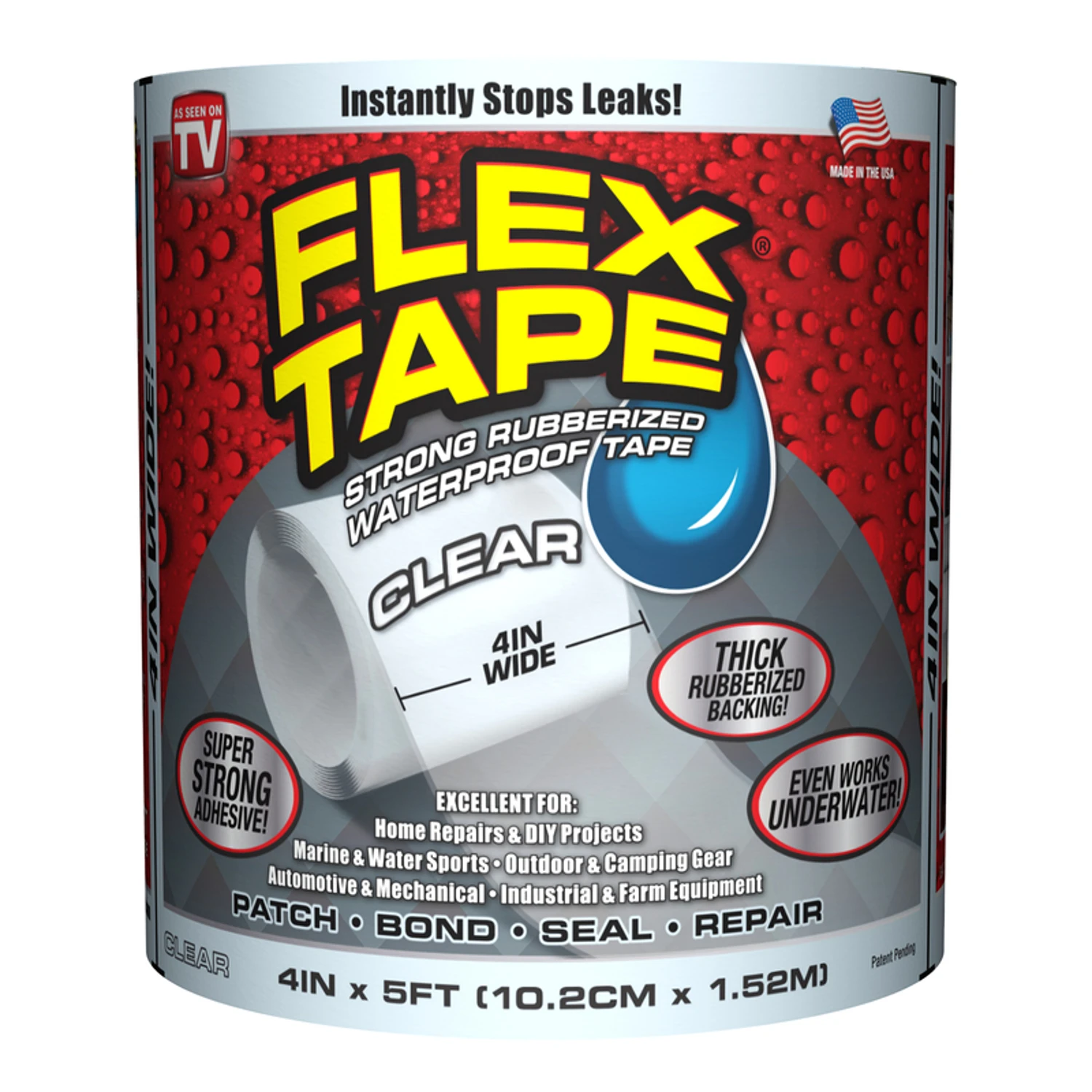 Flex Tape Clear Waterproof Repair Tape, 4 Inch By 5 Feet, Strong Adhesive, Flexible Rubberized Material
