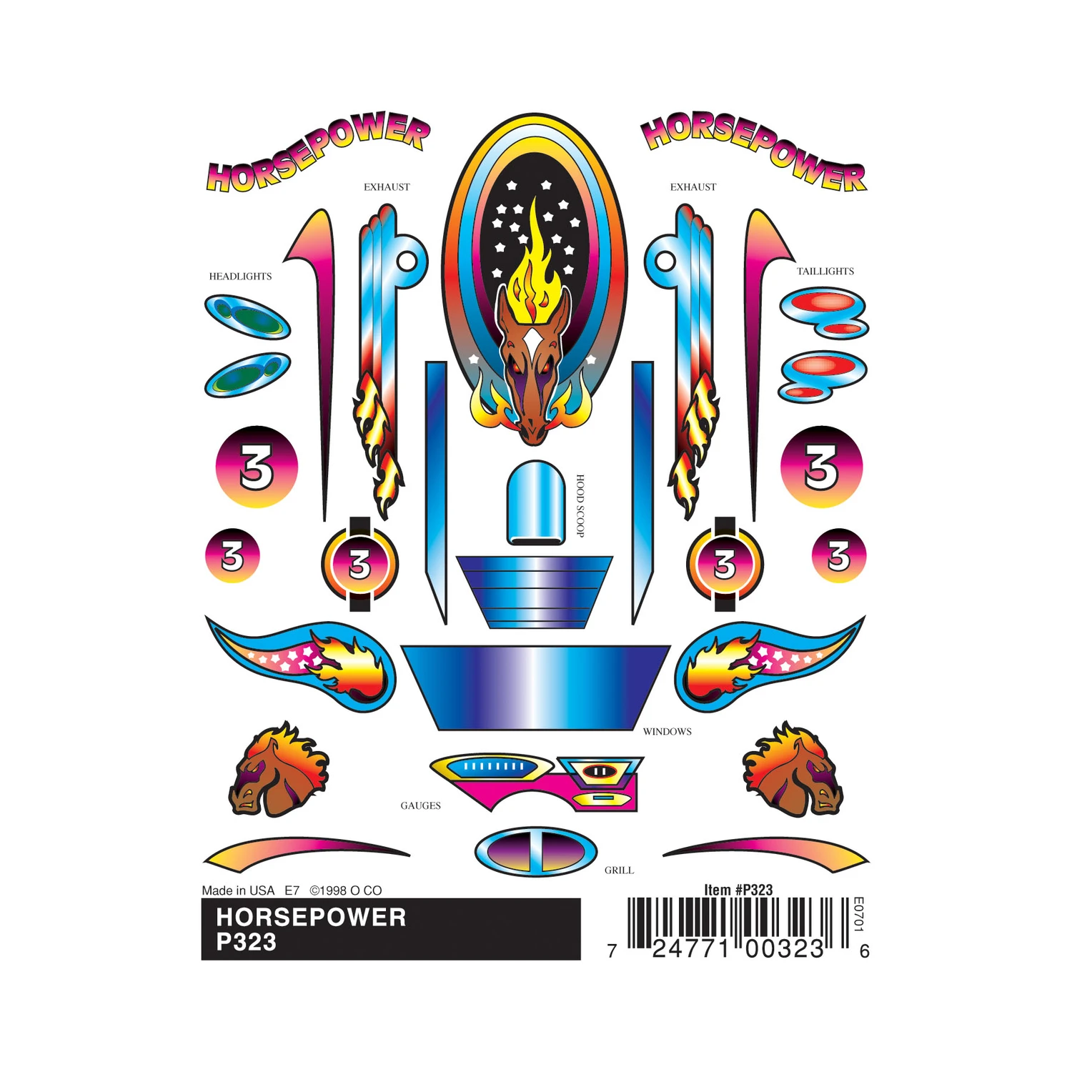 P323 Horsepower Stick-on Decal Set - Multicolored Adhesive Decals For Racing