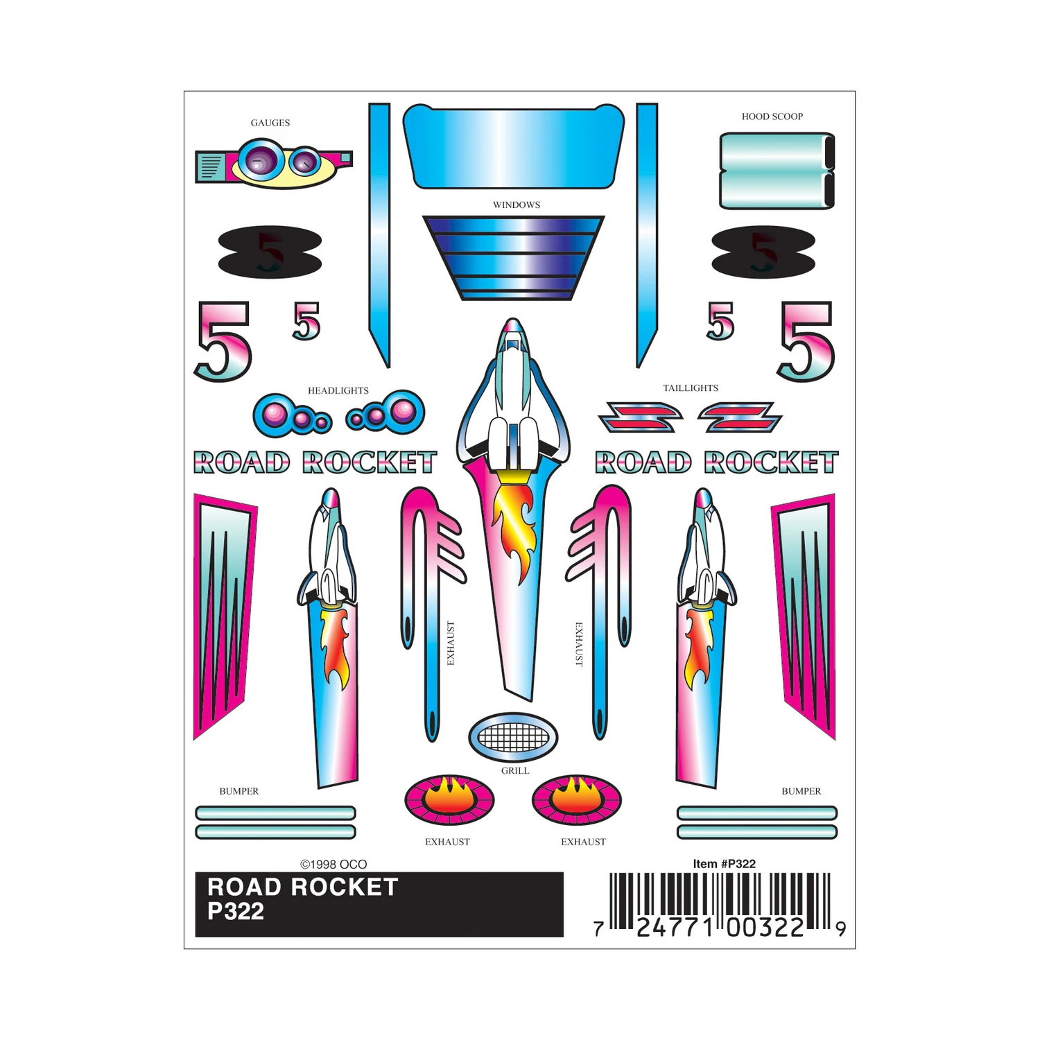 P322 Road Rocket Stick-on Decals - Multicolored Adhesive-backed Stickers