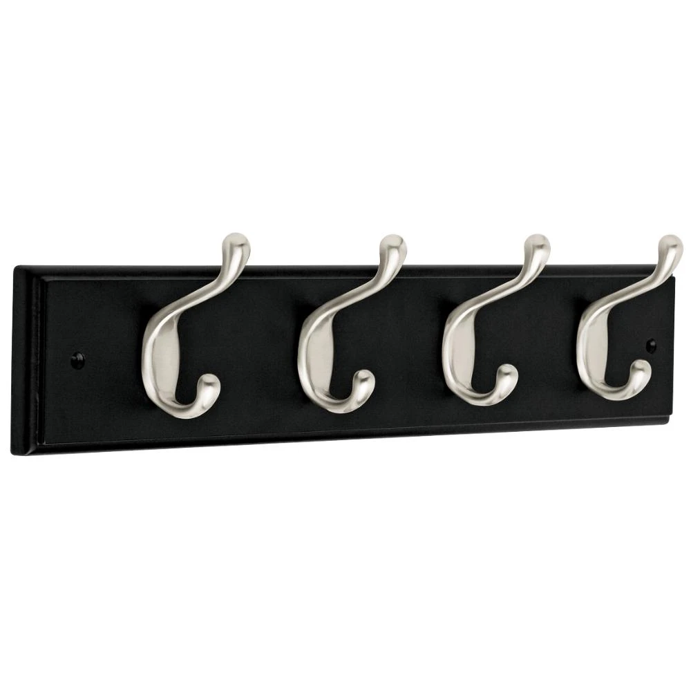 Coat & Hat Hook Rail, 4 Satin Nickel Hooks, Black Rail, 18 In.