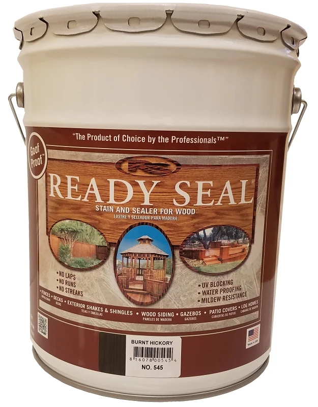 Exterior Wood Stain And Sealer, Flat Finish, Burnt Hickory Color, 5 Gallon Container