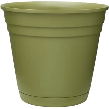 Riverland Olive Green Resin Planter With Saucer, 10 Inch Diameter