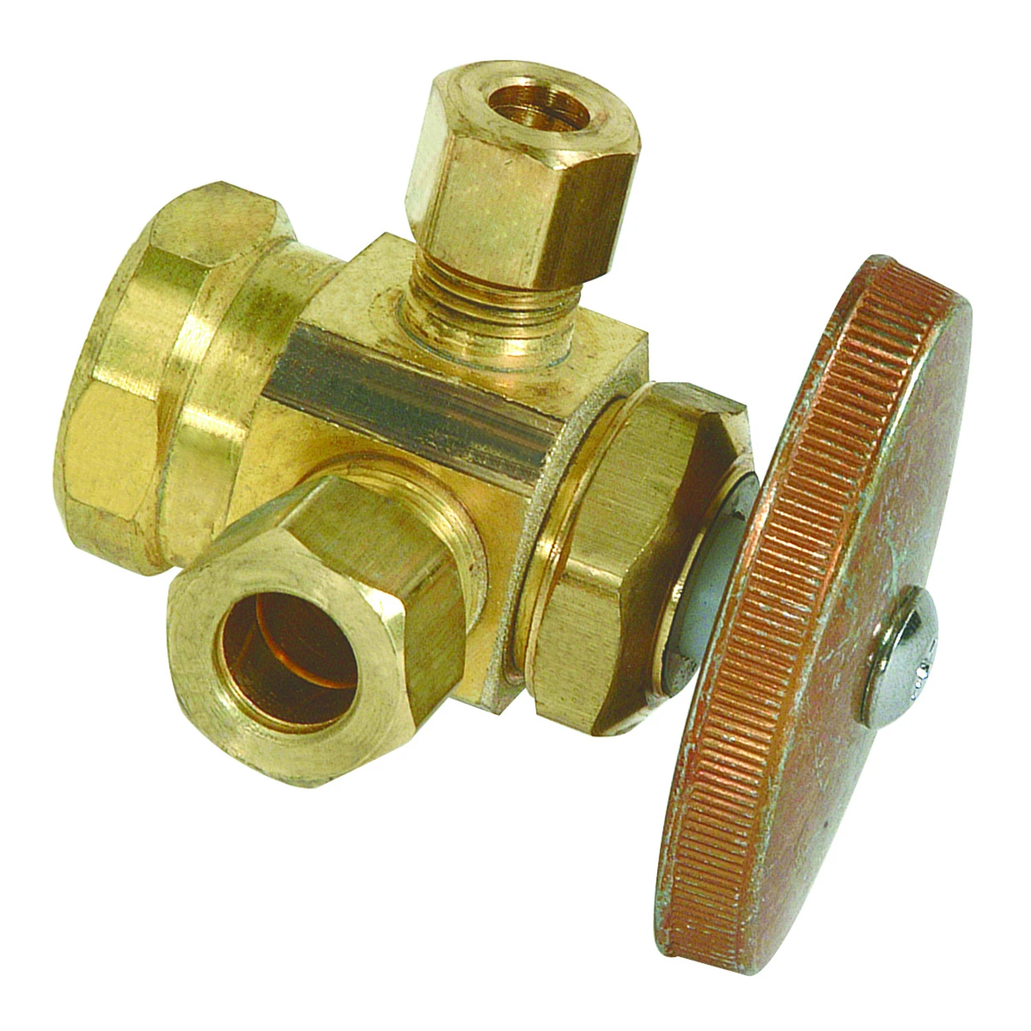 Brass Dual Outlet Stop Valve With 1/2 Inch Inlet, 3/8 Inch And 1/4 Inch Outlets