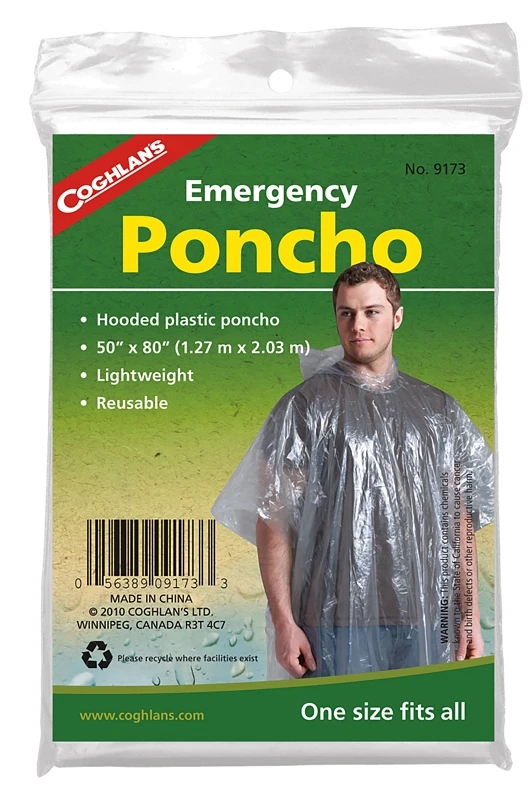Emergency Poncho, Clear Polyethylene Material, One Size Fits All