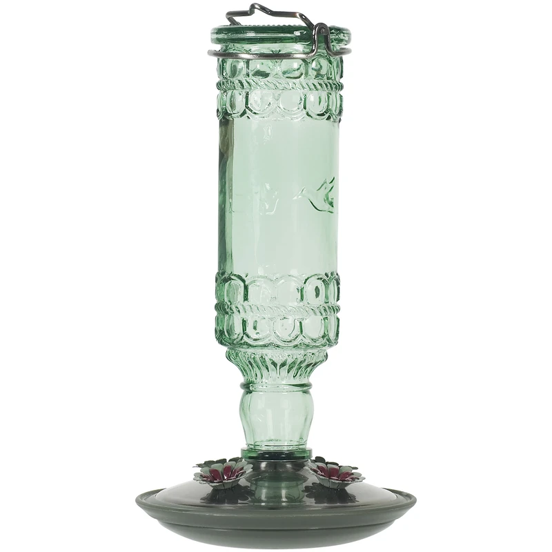 Antique Style Green Glass Hummingbird Feeder With Bottle Design