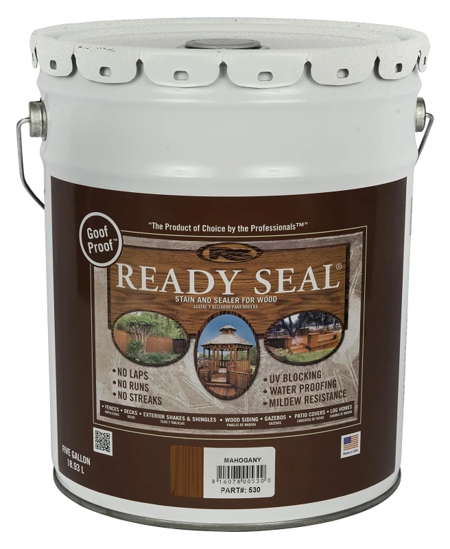 Exterior Wood Stain And Sealer, Flat Finish, Mahogany Color, 5 Gallon Container