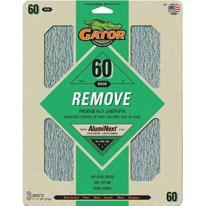 Sandpaper, 60-grit, 9 X 11 In., 3-ct.