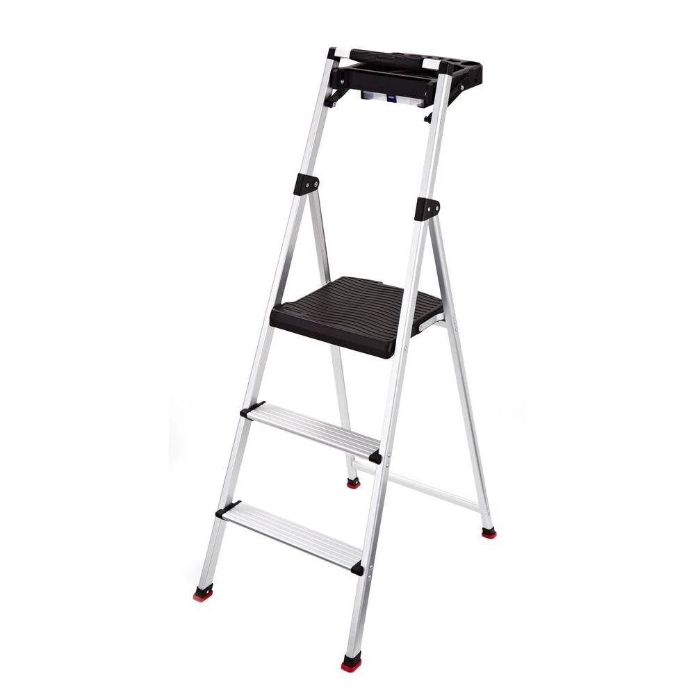 Three-step Aluminum Step Stool With Integrated Tray For Tools And Supplies