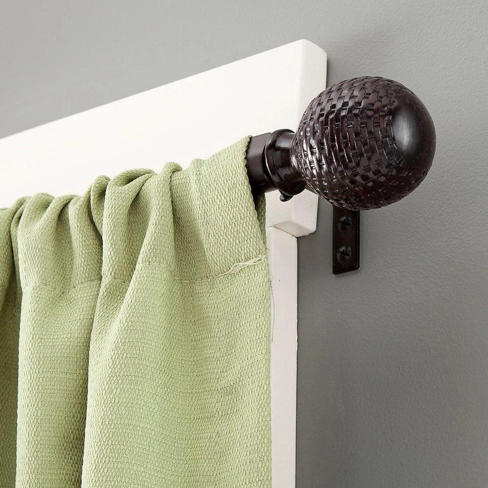Decorative Curtain Rod With Brown Woven Ball Finials, Adjustable 5/8 Inch Diameter, 90 To 130 Inch Length