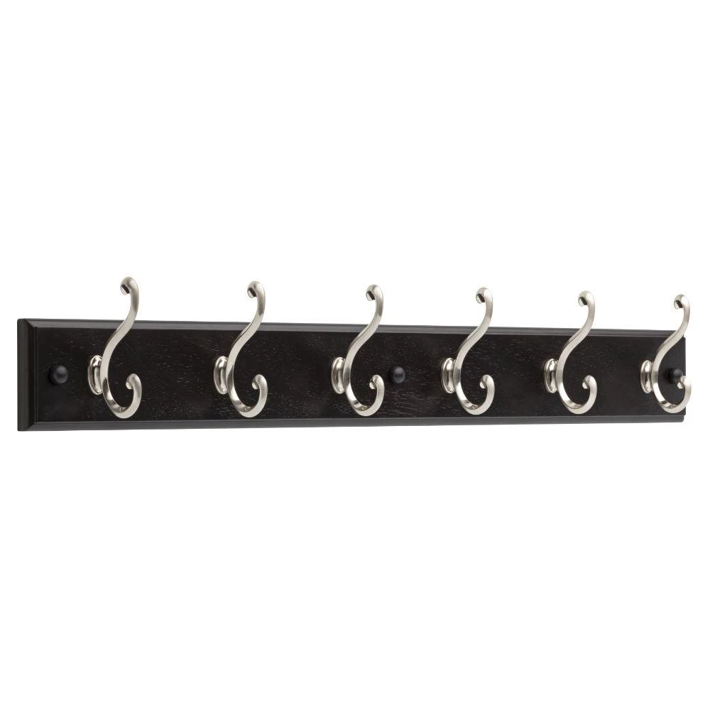 Hook Rail With Six Satin Nickel Hooks On Black Rail, 27 Inches By 0.6 Inches By 2.75 Inches