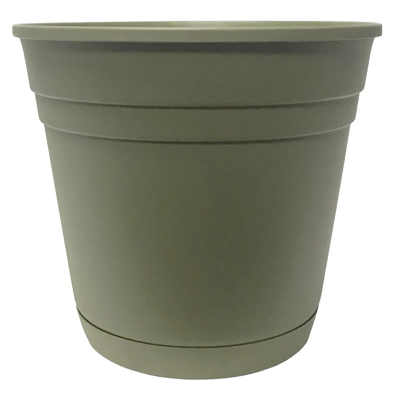 Riverland Olive Green Resin Planter With Saucer, 8 Inch Diameter