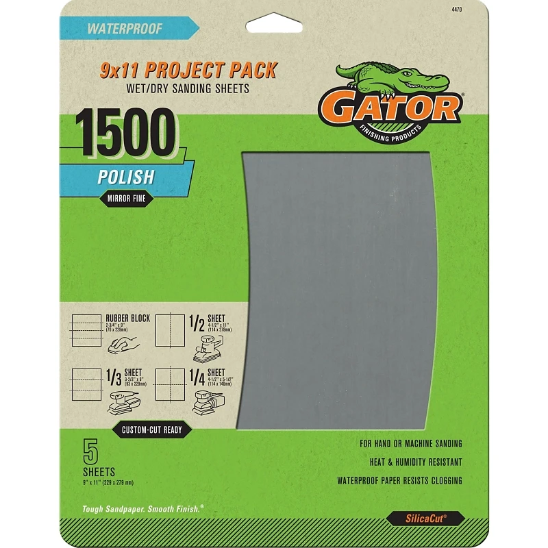 Sandpaper, Mirror Fine 1500-grit, 9 X 11-in., 5-pk.