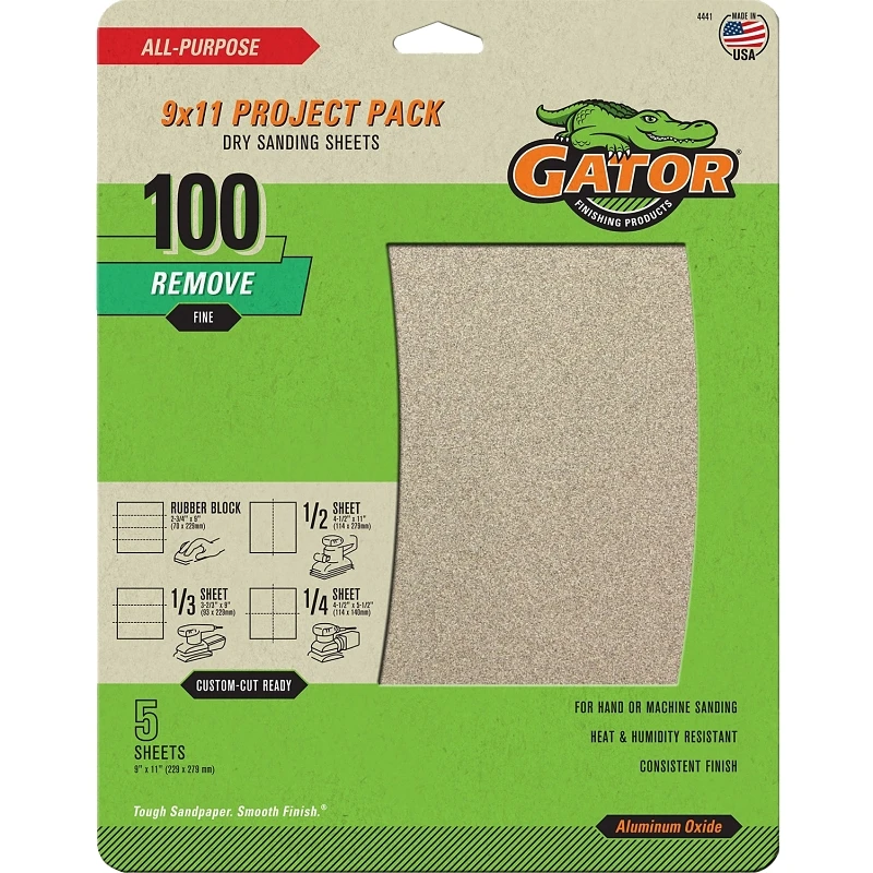 Sandpaper, Medium 100-grit, 9 X 11-in., 5-pk.
