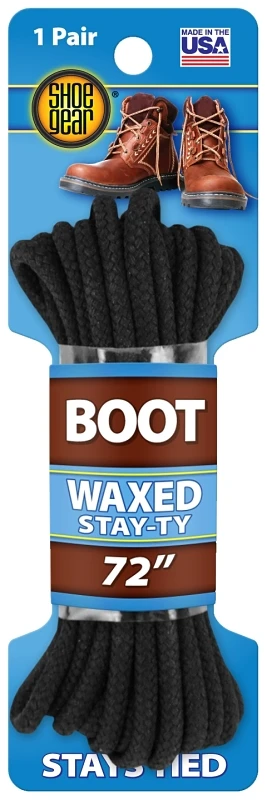 Stay-ty Waxed Black Boot Laces, 72 Inches Long, Pair