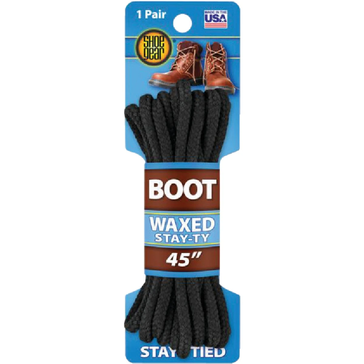 Stay-ty Black Waxed Boot Laces, 45 Inch Length, Pair