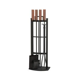 Five Piece Fireplace Tool Set In Black With Wood Handles