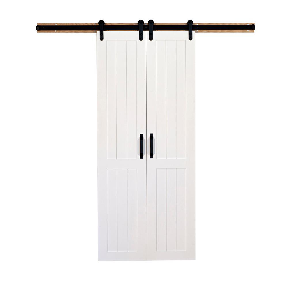 36 in. x 84 in. Vertical Plank Solid Primed Wood Split Barn Door with Hardware Kit