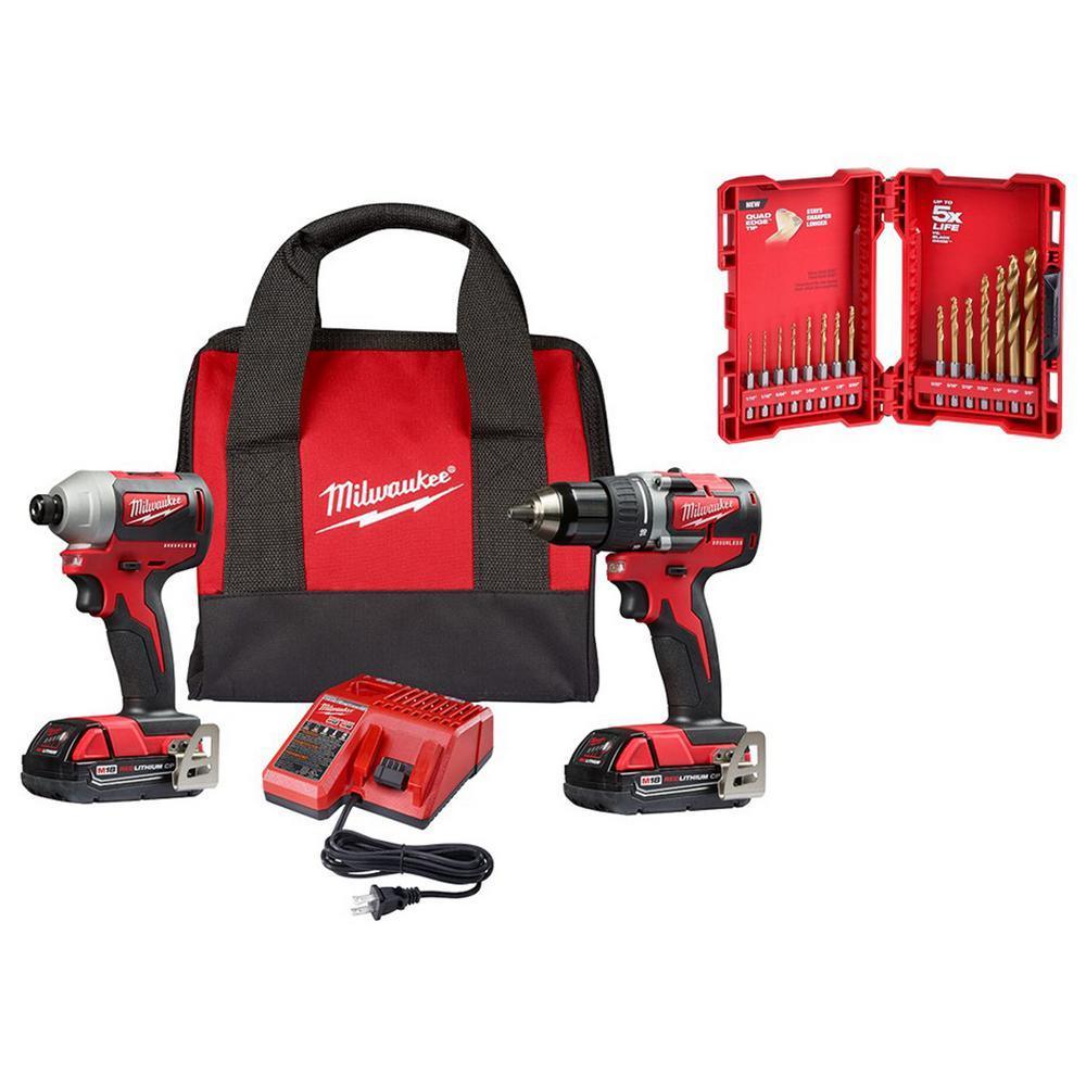 M18 18-Volt Lithium-Ion Brushless Cordless Compact Drill/Impact Combo Kit (2-Tool) Titanium Drill Bit Set (15-Piece)