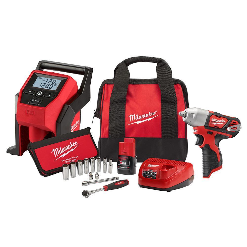 M12 12-Volt Lithium-Ion Cordless 3/8 in. Impact Wrench and Inflator Combo Kit with 3/8 in. Drive Metric Socket Set