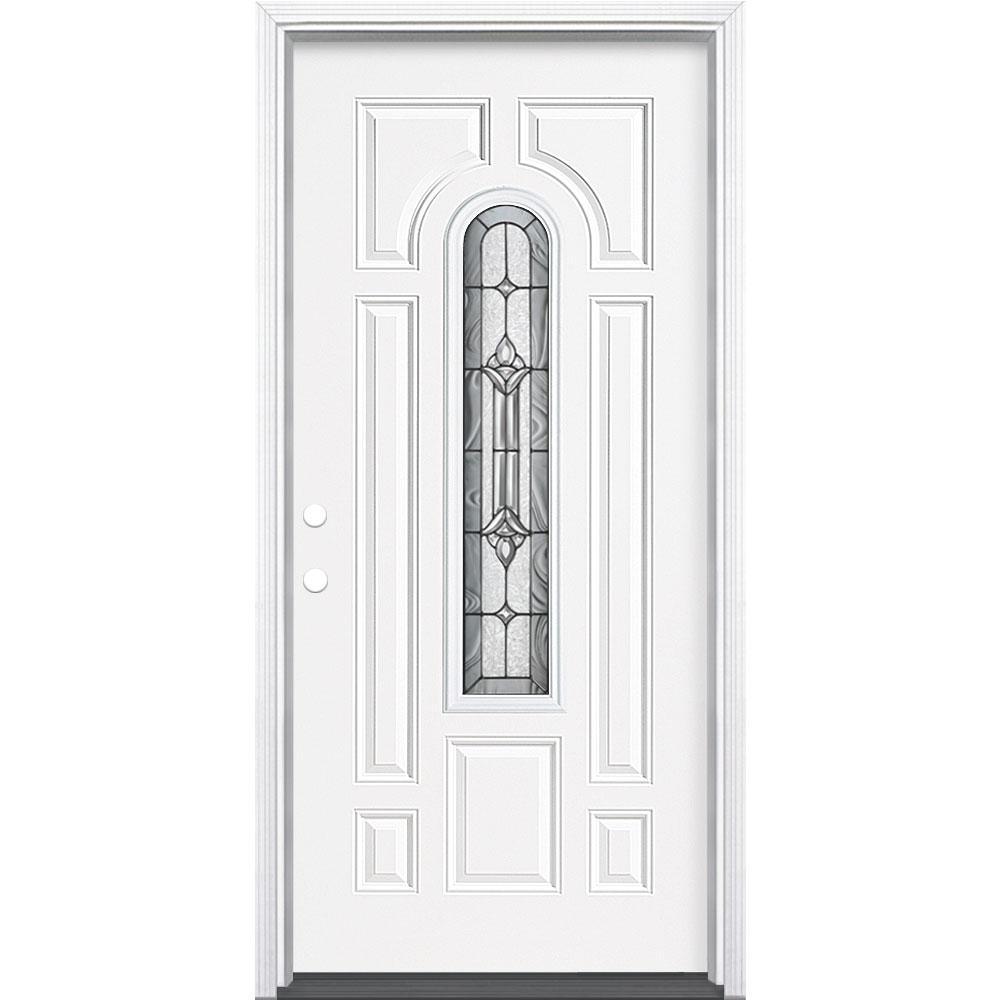 36 in. x 80 in. Providence Center Arch Primed White Right-Hand Inswing Steel Prehung Front Exterior Door with Brickmold