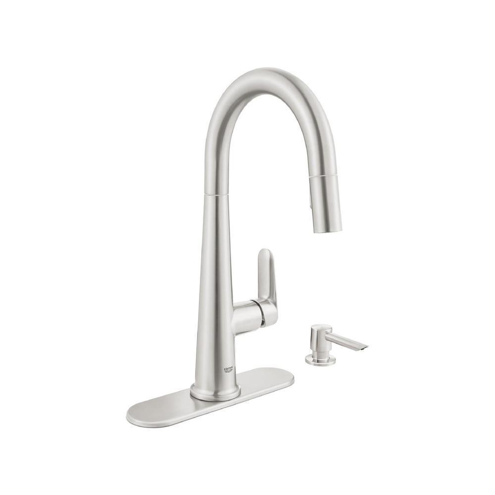 Veletto Single-Handle Pull-Down Dual Sprayer Kitchen Faucet with Soap Dispenser in SuperSteel InfinityFinish