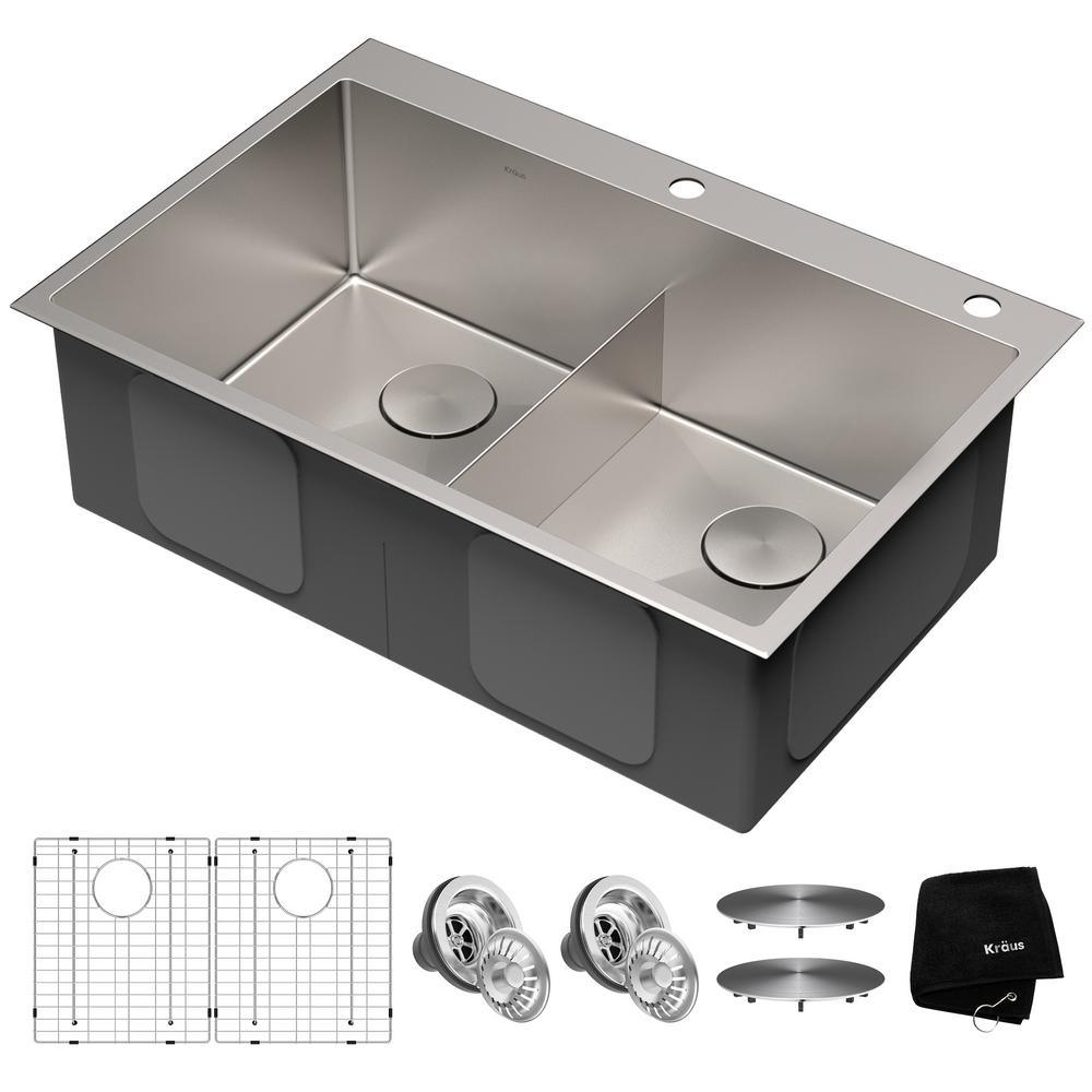Standart PRO Drop-In/Topmount 16-Gauge Stainless Steel 33 in. x 22 in. Double Bowl 2-Hole Kitchen Sink
