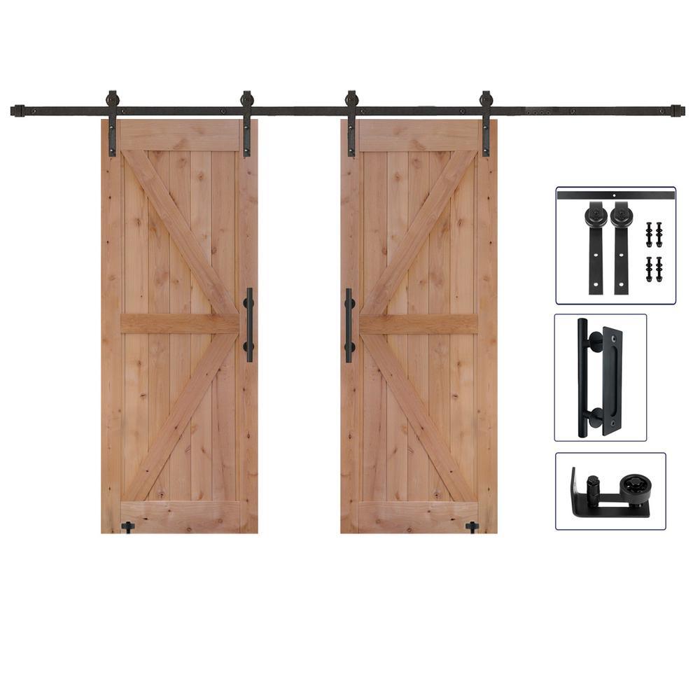 60 in. x 84 in. Assembled Bi-Parting Rustic Unfinished Hardwood Interior Sliding Barn Door Slab with Hardware Kit