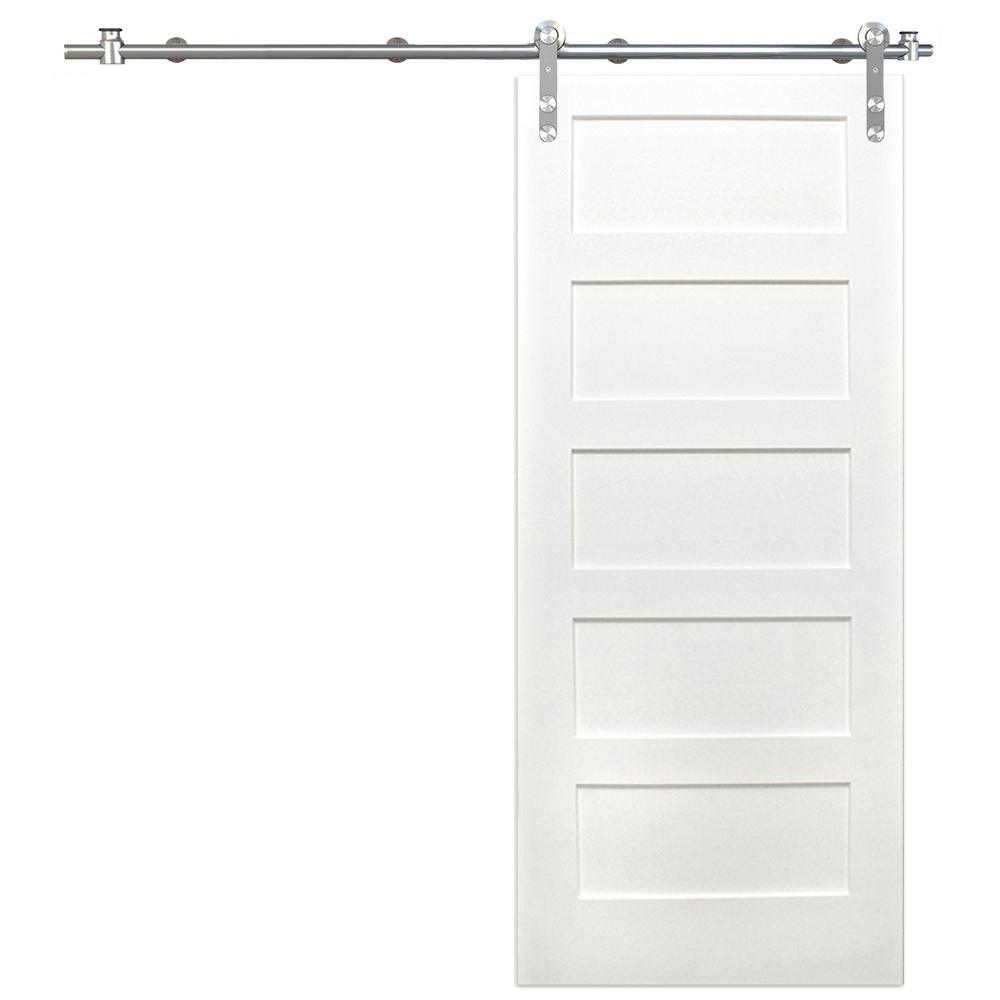 36 in. x 80 in. Shaker 5-Panel Primed Pine Interior Sliding Barn Door with Round Stainless Steel Hardware Kit