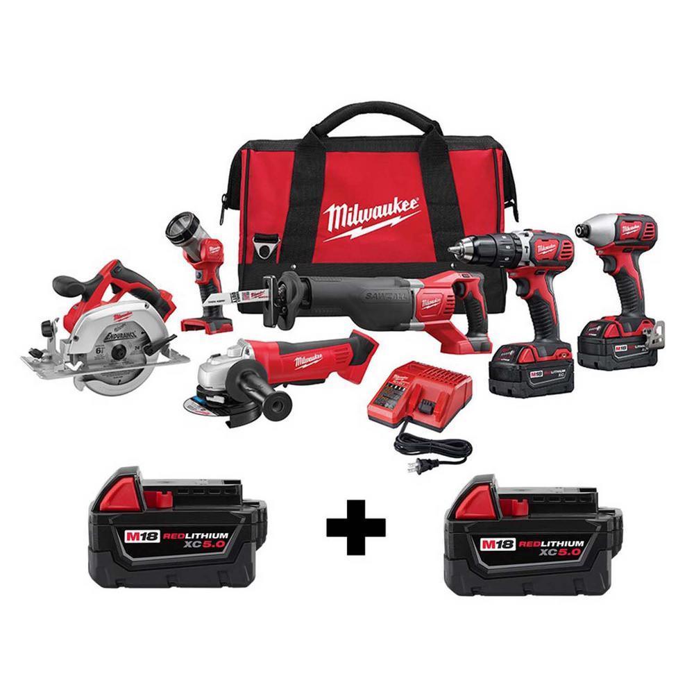 M18 18-Volt Lithium-Ion Cordless Combo Tool Kit (6-Tool) w/ Two Additional 5.0 Ah Batteries