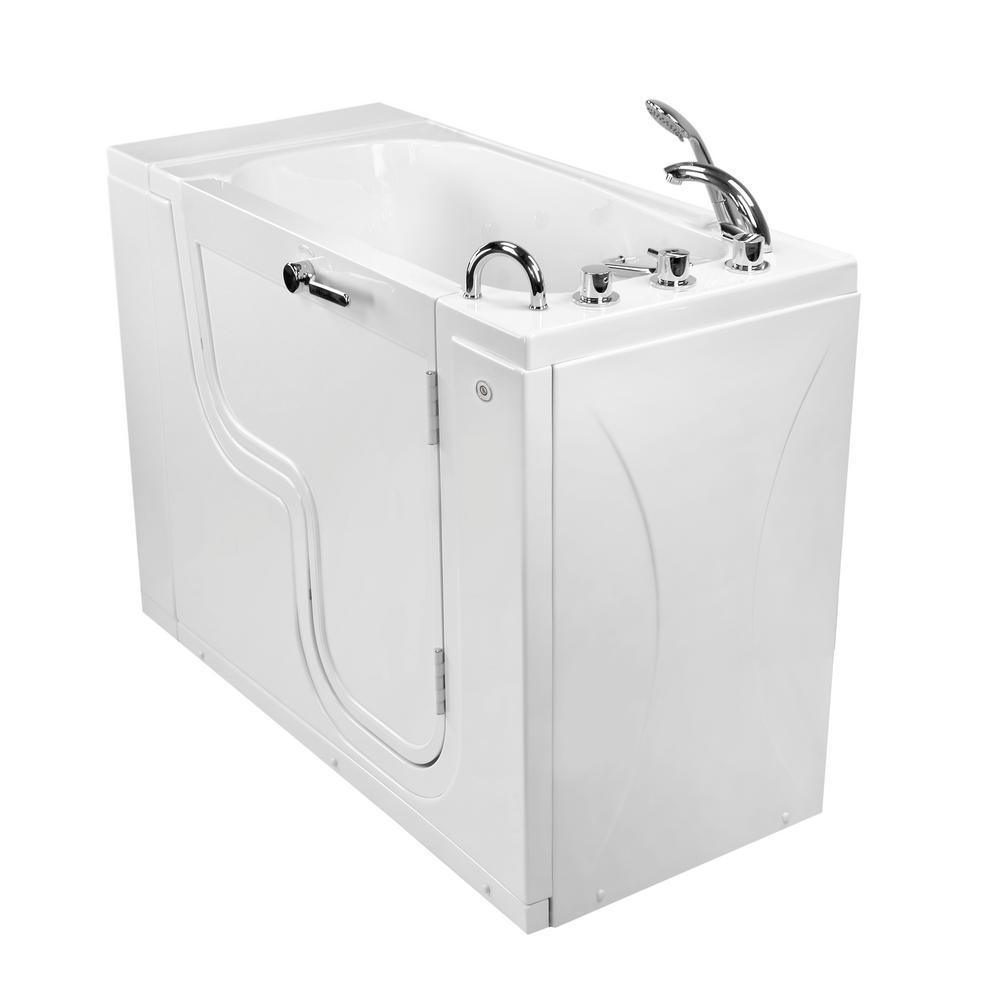 Wheelchair Transfer26 52 in. Acrylic Walk in Soaking Tub in White with Faucet Set, Heated Seat and RHS 2 in. Dual Drain
